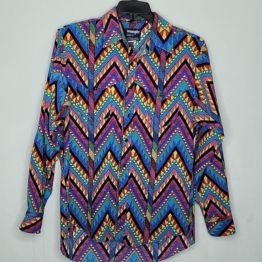 Vintage Wrangler Cowboy Cut Regular Fit‎ Multicolor Button Down Shirt Sz 15.5-35